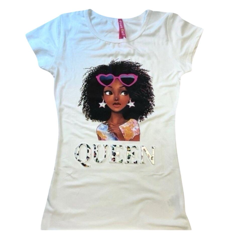 Cute 4 U T-Shirt Girls Black Queen Size S (7-8) White Short Sleeve Raised Letter